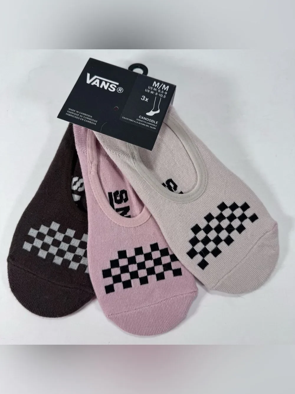 Vans No Show Socks 3pk Tan Pink Brown Women Size 8-10.5/Medium